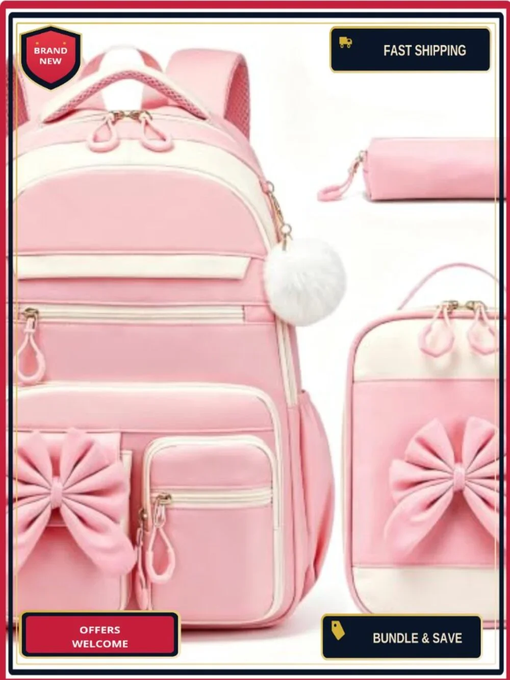 Girls Backpack Set with Lunch Box and Pencil Case, Waterproof Nylon, for School